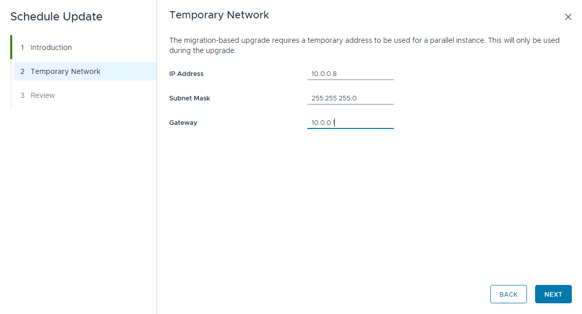 Abbildung mit den temporären Netzwerkeinstellungen beim Upgrade von vCenter Server von 4.5.x auf 5.x.