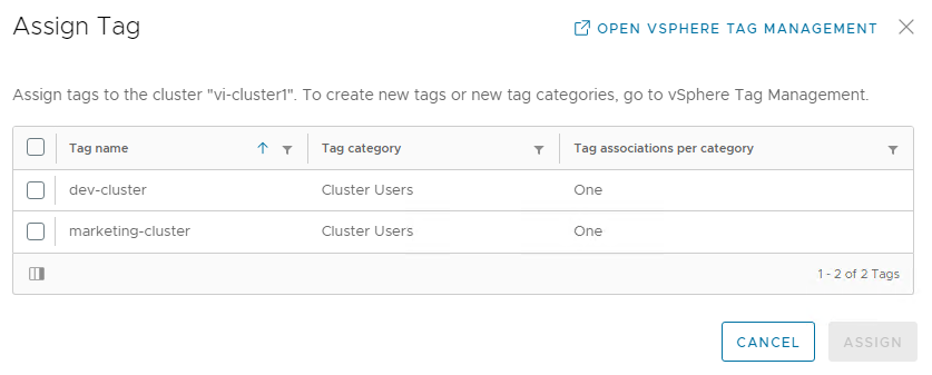 Dialogfeld „Tags zuweisen“ mit den verfügbaren Cluster-Tags.