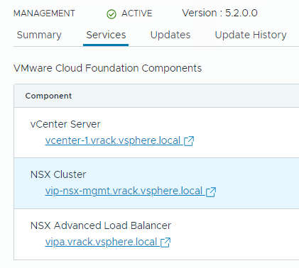 Registerkarte „Dienste“ für eine Arbeitslastdomäne mit dem NSX Advanced Load Balancer-Link.