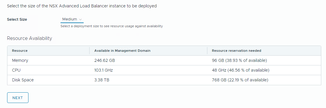 Dropdown-Menü zur Auswahl der Größe der NSX Advanced Load Balancer-Appliance. In einer Tabelle werden der erforderliche und verfügbare Arbeitsspeicher, die CPU und der Festplattenspeicher angezeigt.