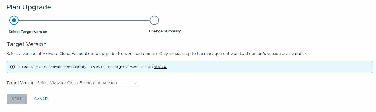 Wählen Sie die Zielversion von VMware Cloud Foundation für einen Upgrade-Plan aus.