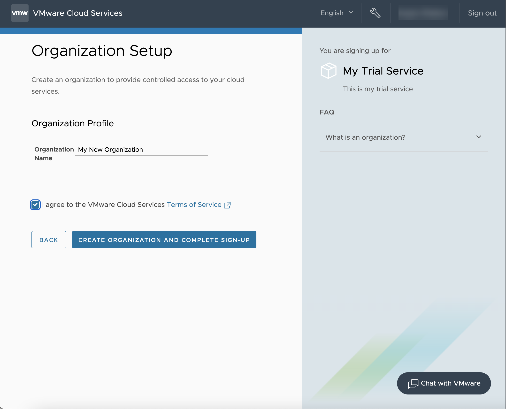 Im Schritt „Organisations-Setup“ des Dienst-Onboarding-Workflows werden Sie aufgefordert, einen Namen für die neue Organisation einzugeben.