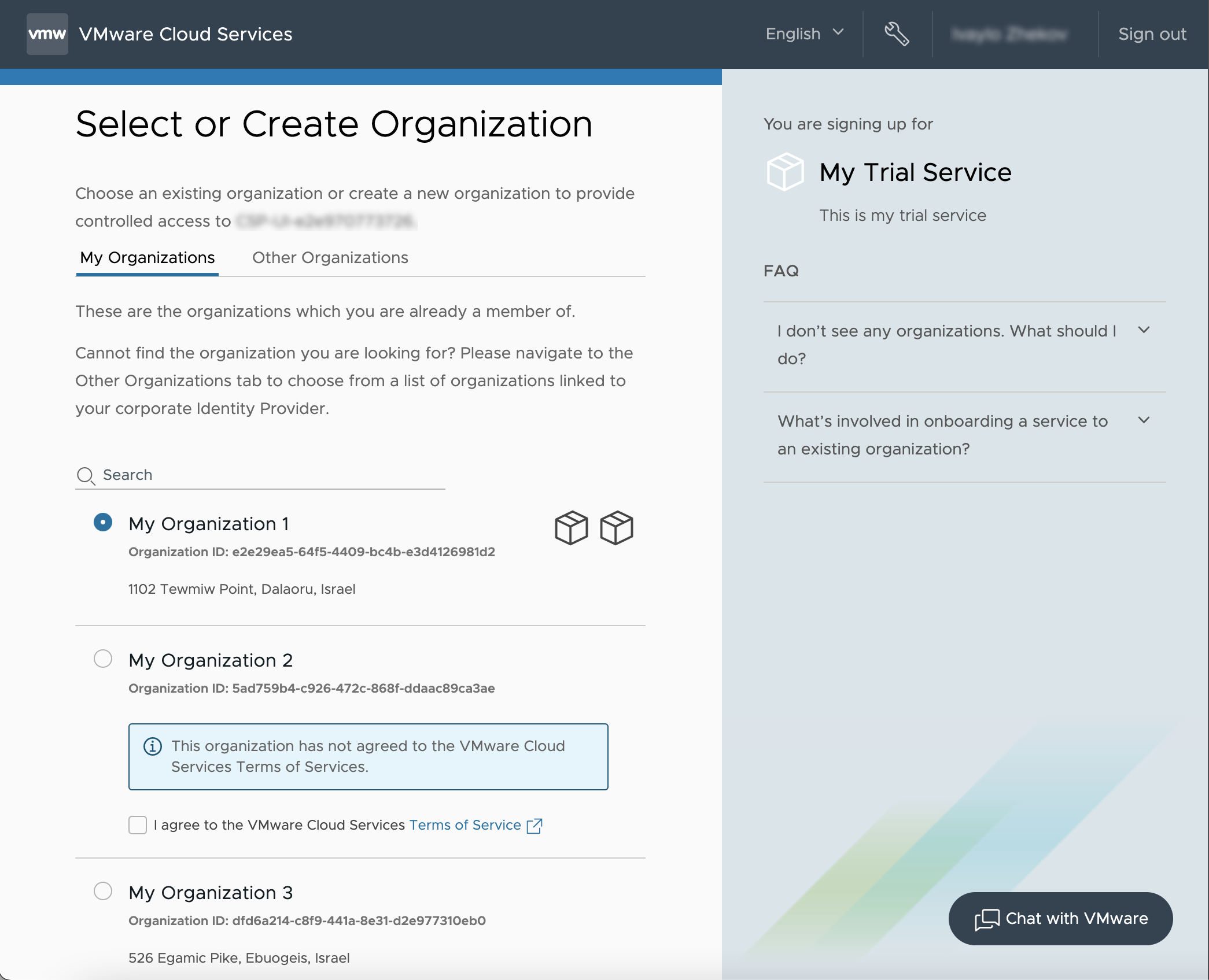 Der Schritt „Organisation auswählen oder erstellen“ des Onboarding-Workflows enthält eine Liste der Organisationen, die zur Auswahl stehen.