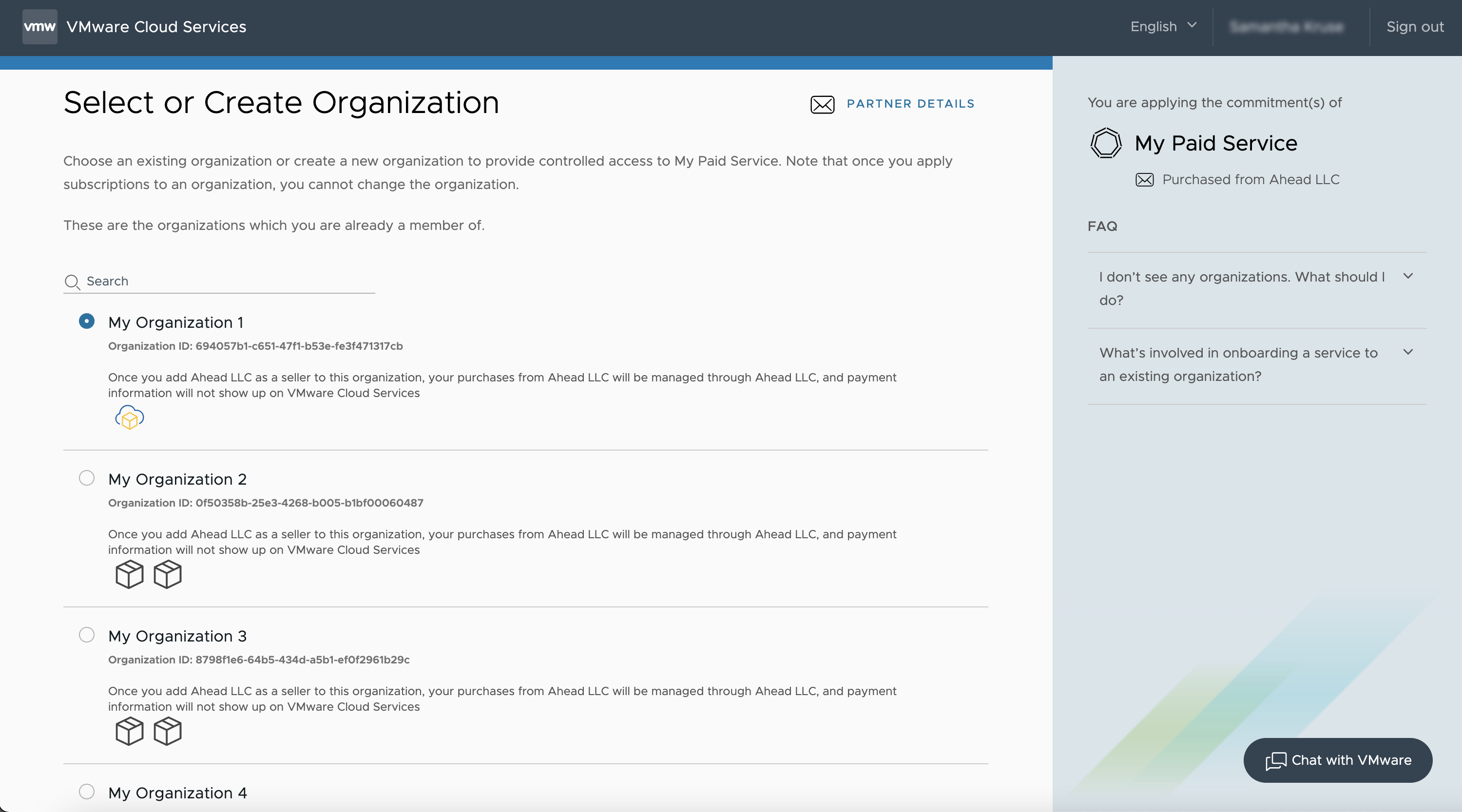 Der Schritt „Organisation auswählen oder erstellen“ des Dienst-Onboarding-Workflows.