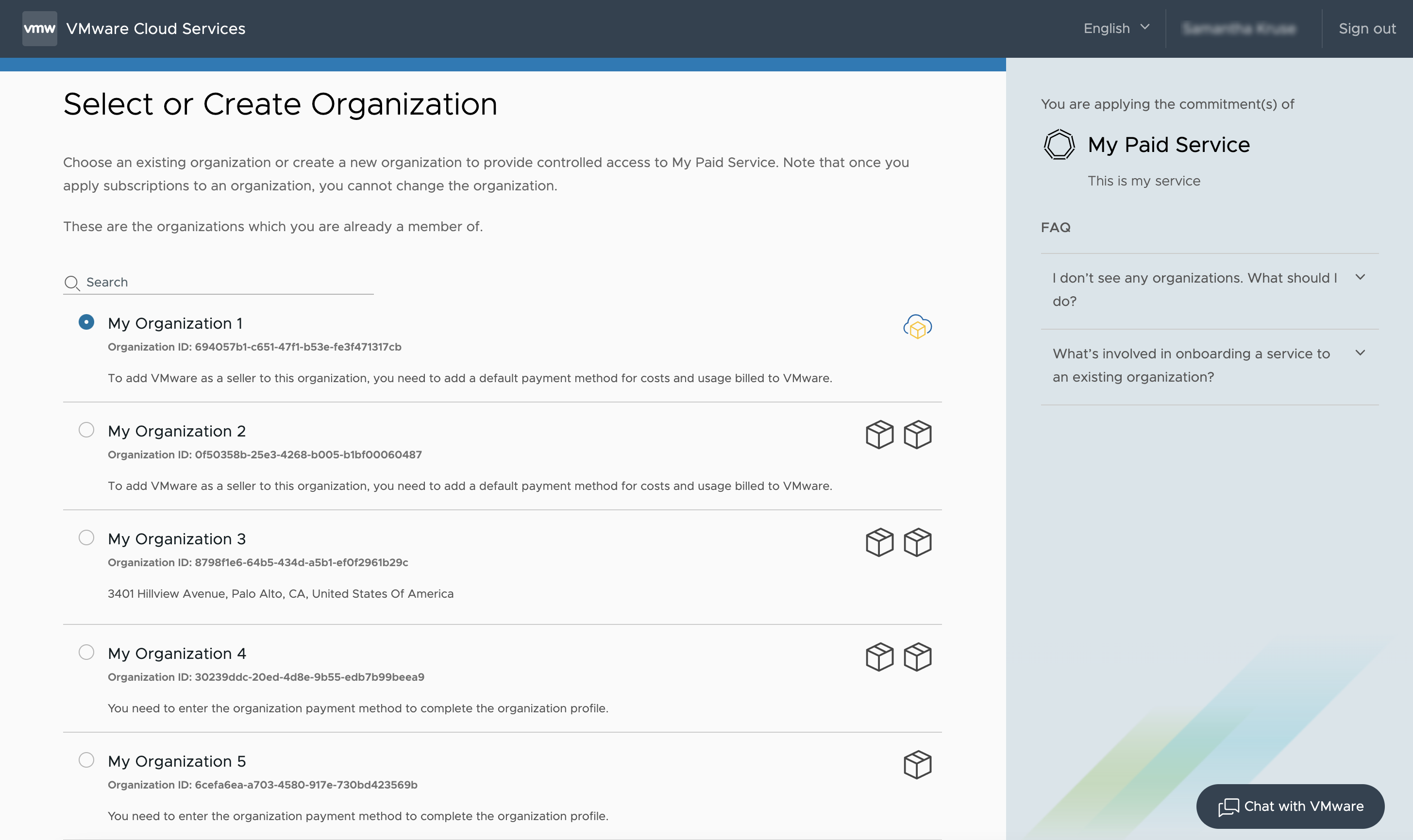 Beispiel für verschiedene Optionen, die im Schritt „Organisation auswählen“ oder „Organisation erstellen“ des Dienst-Onboarding-Workflows verfügbar sind.