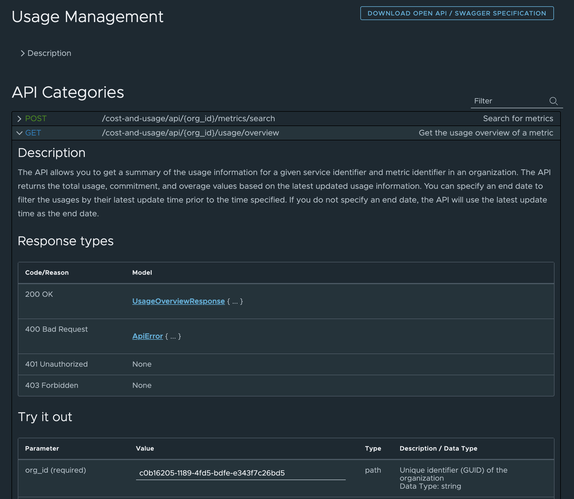 Die Seite „API-Explorer“ in der Cloud Services-Konsole.