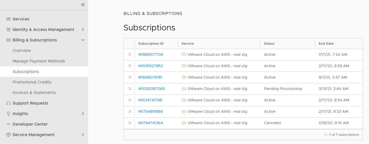 Beispiel zur Veranschaulichung der Seite „Abonnements“ in Cloud Services-Konsole mit mehreren Abonnements in der Organisation.