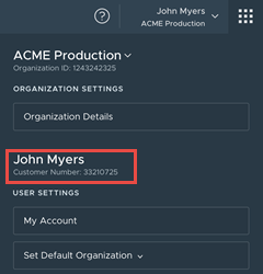 Beispiel für die Kundennummer eines Benutzers, die im erweiterten Menü „Benutzer-/Organisationseinstellungen“ angezeigt wird.