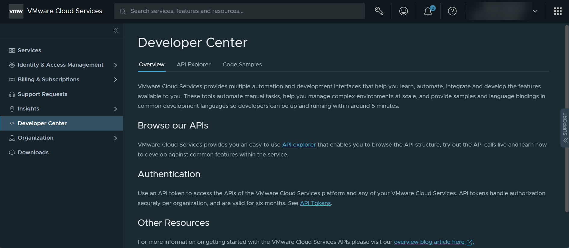 Die Seite „Übersicht“ des Developer Center in der Cloud Services-Konsole.