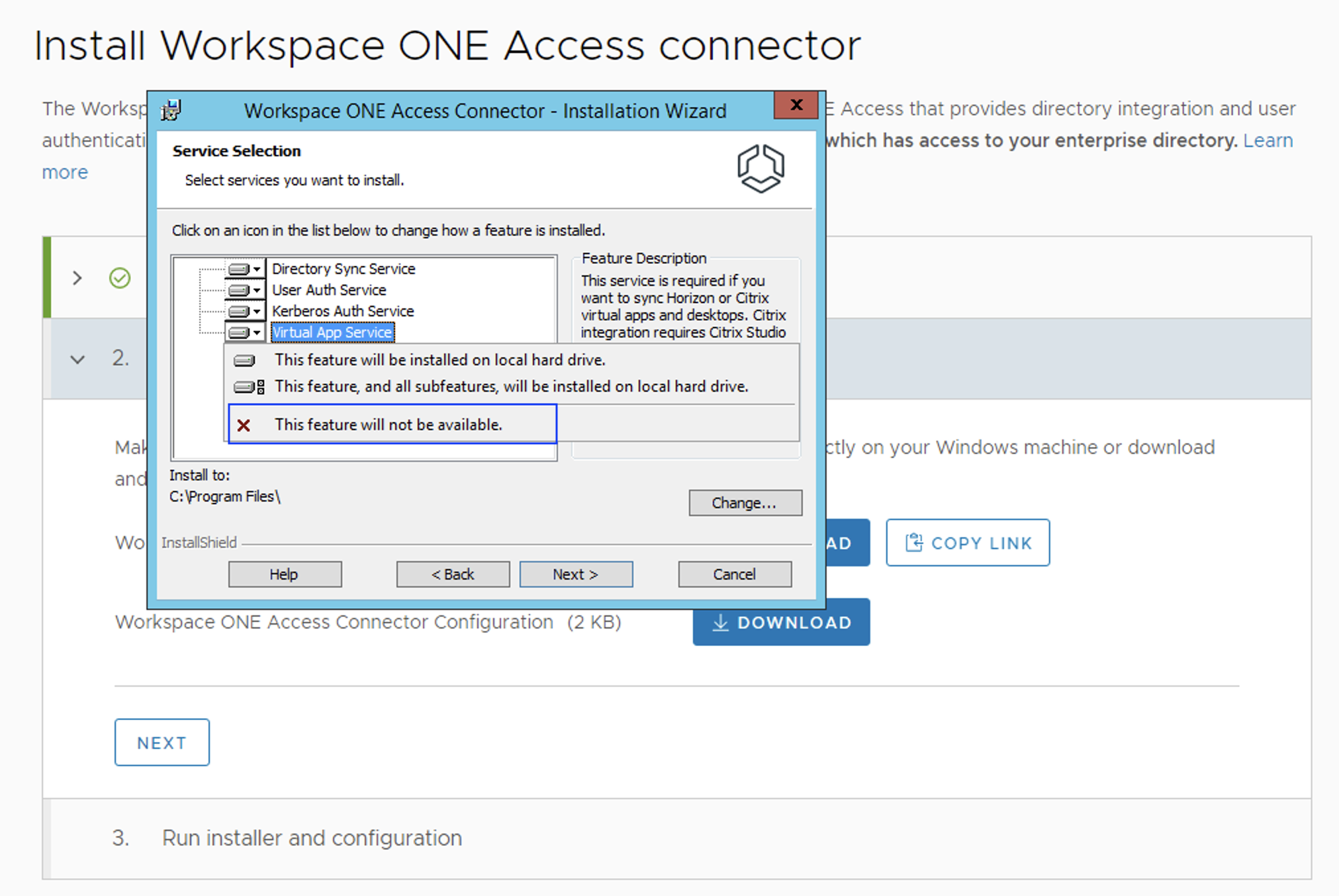 Der Installationsassistent für Workspace ONE Access Connector.