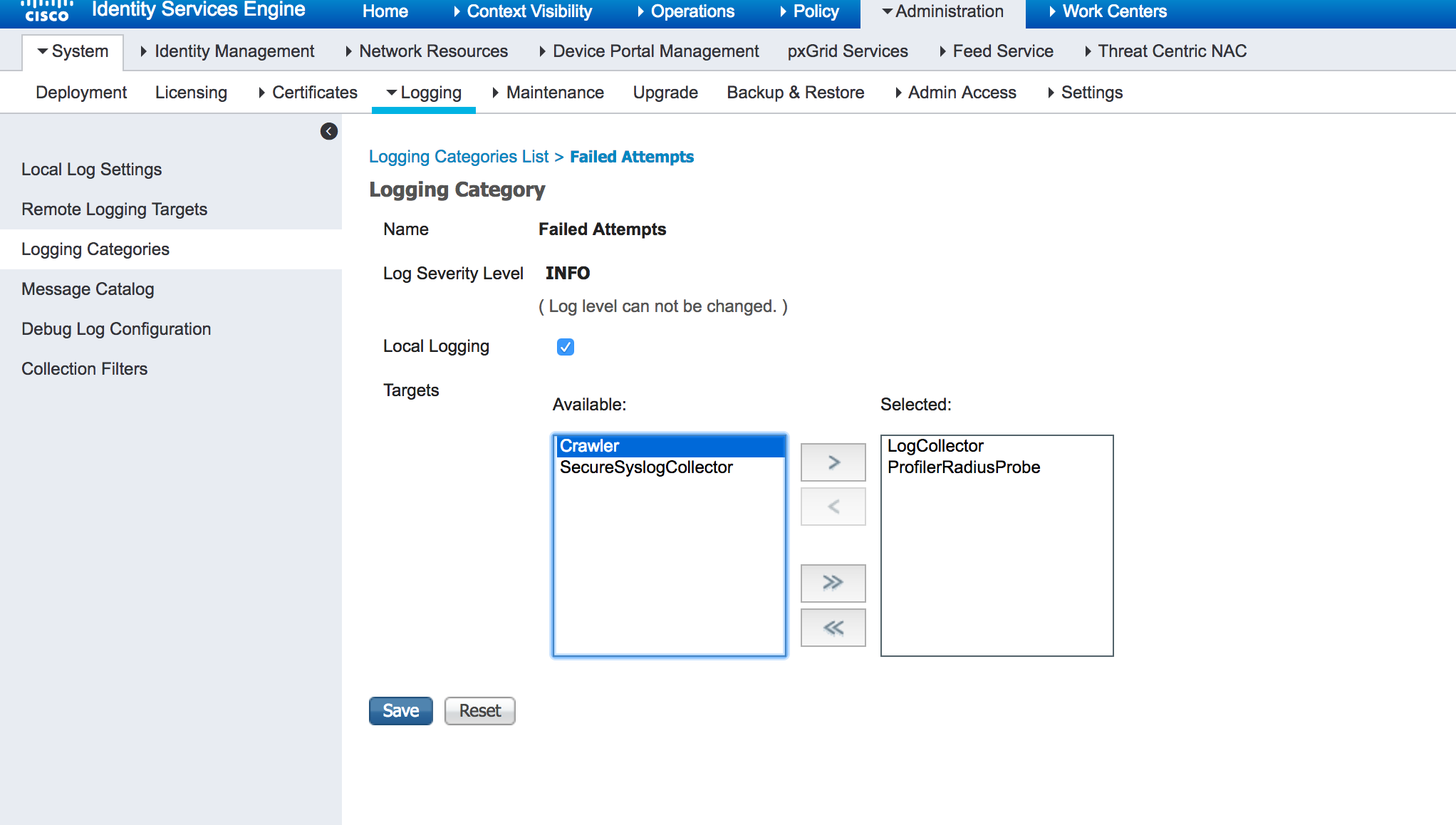 Cisco ISE-Integration – Protokollierungskategorien