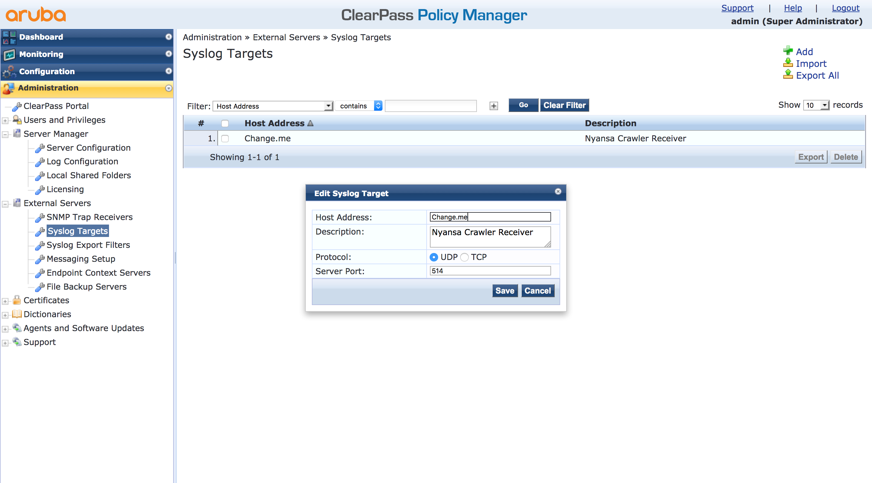 Aruba HPE Clearpass-Integration – Syslog-Ziele