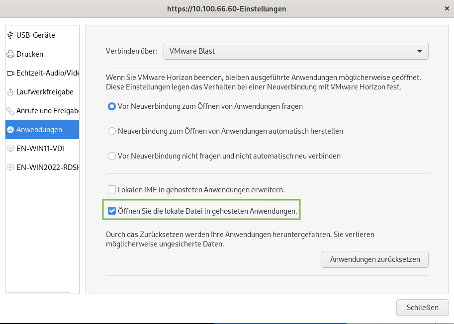 Wählen Sie die Option „Lokale Datei in gehosteten Anwendungen öffnen“ im Bereich „Anwendungen“ des Fensters „Einstellungen“.