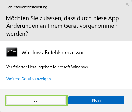 Wählen Sie „Ja“ aus, damit der Windows-Befehlsprozessor fortfahren kann.