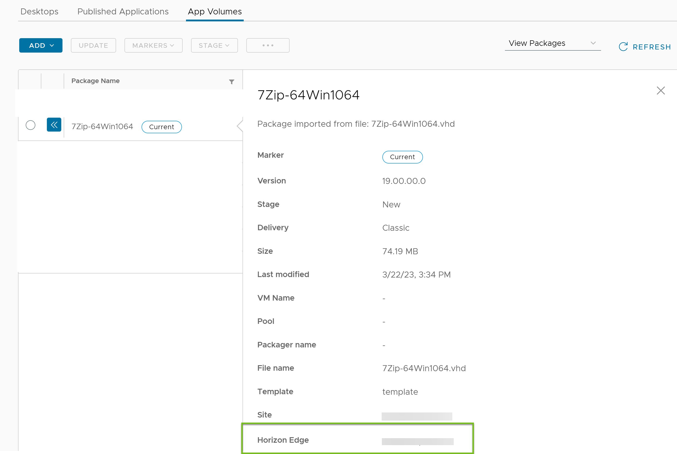 Das Fenster mit den Anwendungspaketdetails enthält die Horizon Edge-Informationen.