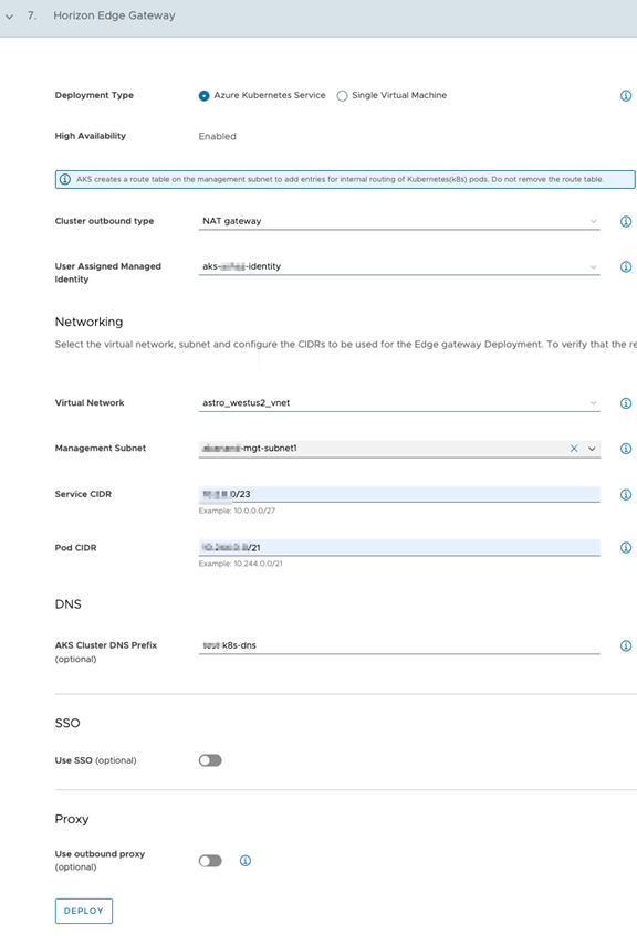 Screenshot des Horizon Edge Gateway-Schritts im Assistenten zum Hinzufügen des Bereitstellungstyps „Edge-Gateway (AKS)“.
