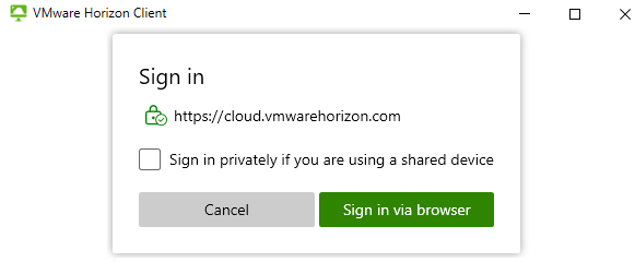 Screenshot der Benutzeroberfläche für die Horizon Client für Windows-Anmeldung
