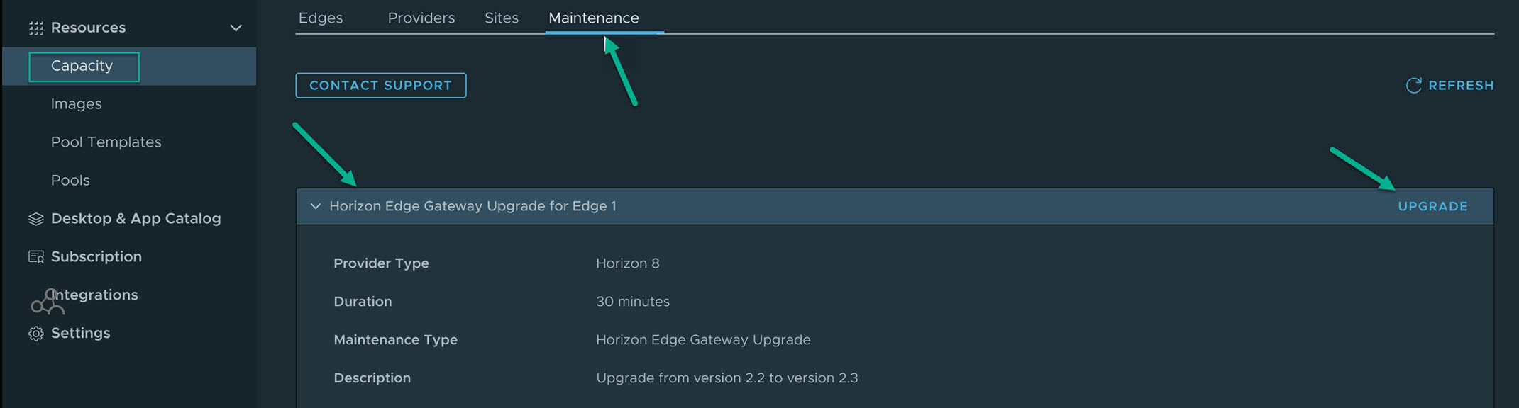 Wählen Sie die Option „Upgrade“ für das angegebene Edge-Gateway aus.