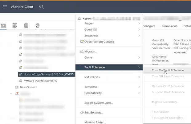 Screenshot der Verwendung des vSphere Clients zum Aktivieren von Fault Tolerance für die Horizon Edge Gateway-Appliance-VM.