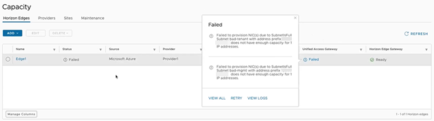 In der Horizon Edges-Liste werden Details und Optionen angezeigt, wenn der Unified Access Gateway-Status „Fehlgeschlagen“ ausgewählt ist