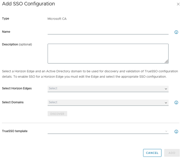 Das Dialogfeld „SSO-Konfiguration hinzufügen“ mit dem ausgewählten Typ der Microsoft-Zertifizierungsstelle