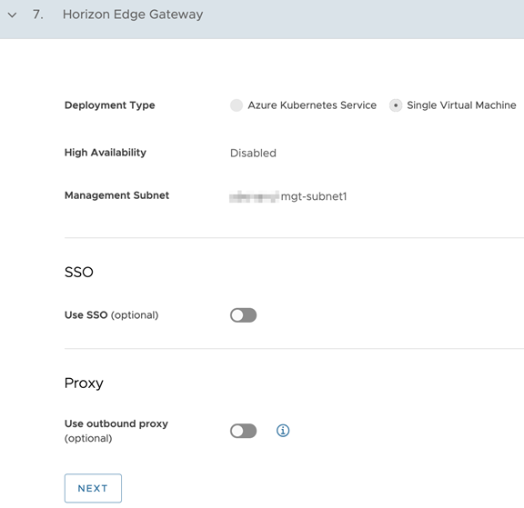 Screenshot des Horizon Edge Gateway-Schritts im Assistenten zum Bearbeiten des Bereitstellungstyps „Edge-Gateway“.