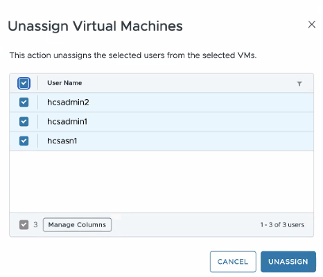 Dialogfeld „Zuweisung virtueller Maschinen aufheben“ mit einer Liste von drei Benutzern, die von VMs nicht zugewiesen werden sollen.