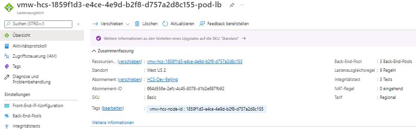 Screenshot mit Azure Load Balancer des Pods im Abonnement und mit der zugewiesenen privaten IP-Adresse