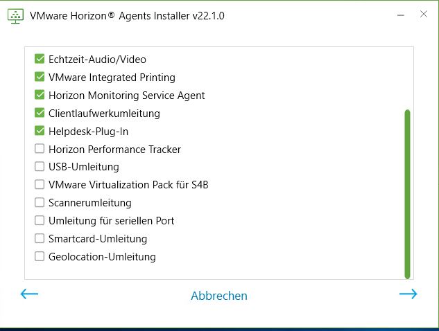 Screenshot des restlichen Optionsbildschirms beim Ausführen von Horizon Agents Installer auf einer VM mit einem RDSH-Betriebssystem.