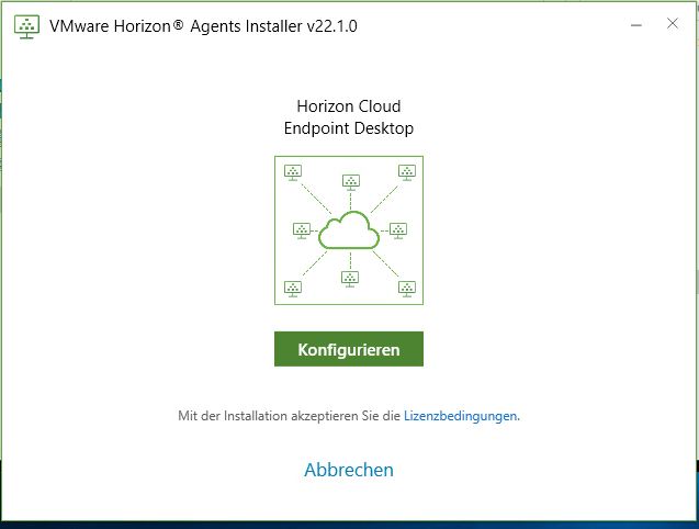Screenshot des ersten Bildschirms, der für Horizon Agents Installer auf einer Windows 10-Client-VM angezeigt wird