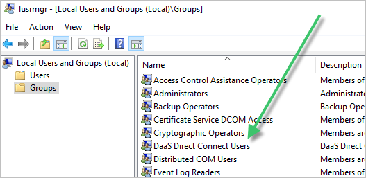 Screenshot des Fensters „Lokale Benutzer und Gruppen“ mit der Gruppe „DaaS Direct Connect-Benutzer“