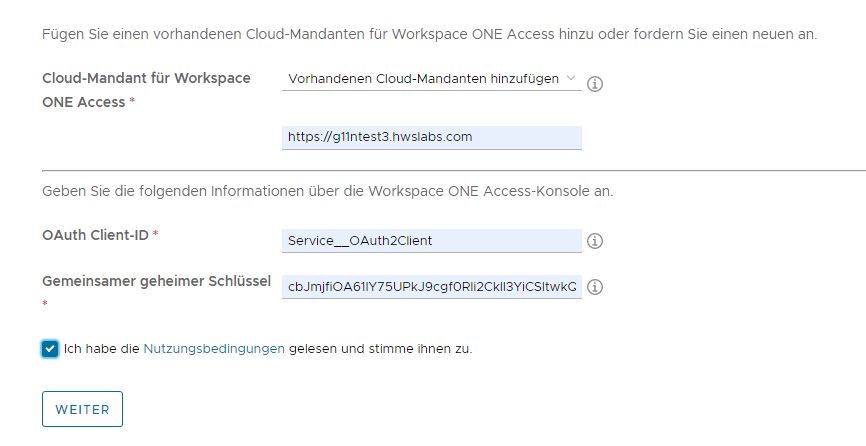 Ein Screenshot mit Beispielinformationen, die in Schritt 1 des Assistenten zum Hinzufügen eines vorhandenen Workspace ONE Access-Cloud-Mandanten eingegeben werden.