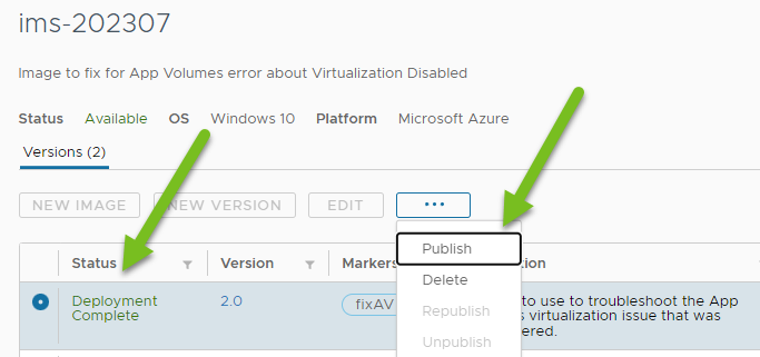 Screenshot der ausgewählten neuen Version und die Aktion „Veröffentlichen“ mit grünen Pfeilen.