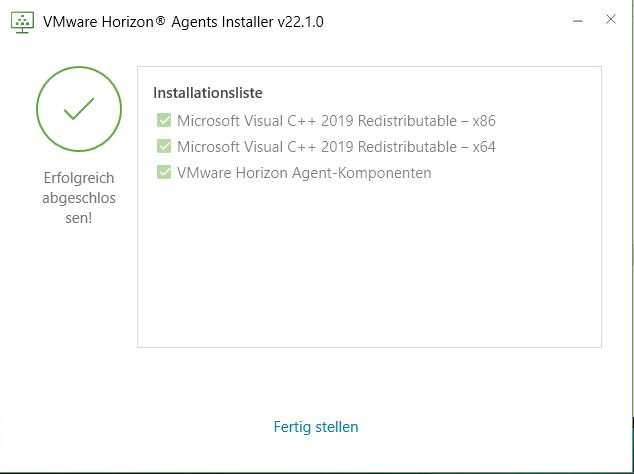 Screenshot des letzten Bildschirms nach abgeschlossener Ausführung von Horizon Agents Installer auf einer RDSH-fähigen Windows-VM