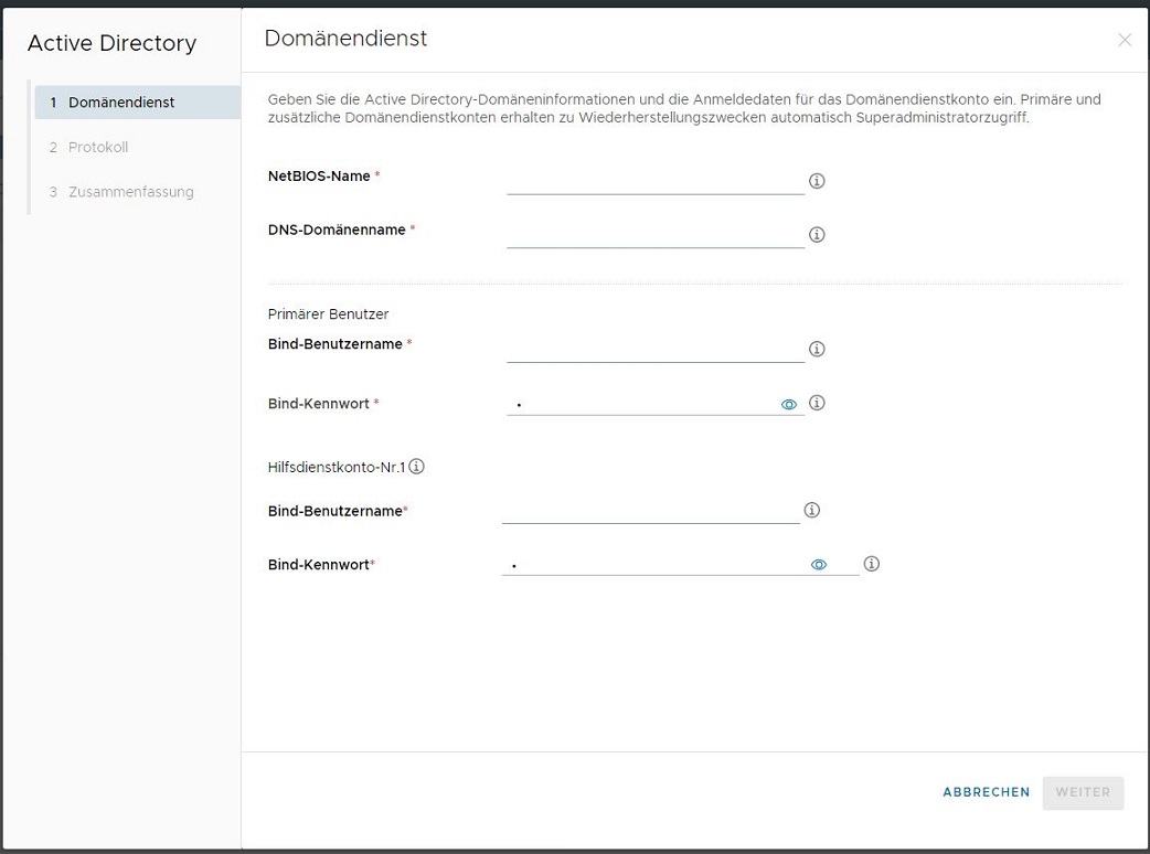 Screenshot des Fensters „Active Directory registrieren“ mit ausgefüllten Beispielwerten.