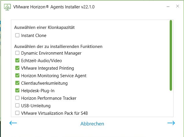 Screenshot des oberen Bereichs des angezeigten Optionsbildschirms beim Ausführen von Horizon Agents Installer auf einer Windows RDSH-fähigen VM