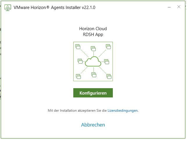 Screenshot des ersten Bildschirms, der für Horizon Agents Installer auf einer VM mit einem RDSH-Betriebssystem angezeigt wird