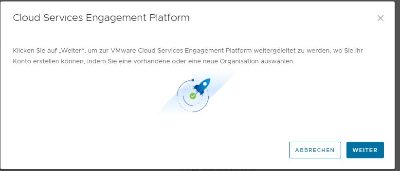 Screenshot, der das nächste Benutzeroberflächenfeld für die Cloud Service Engagement Platform mit dem dekorativen Raketensymbol und der Schaltfläche „Weiter“ anzeigt, um mit dem Vorgang fortzufahren.