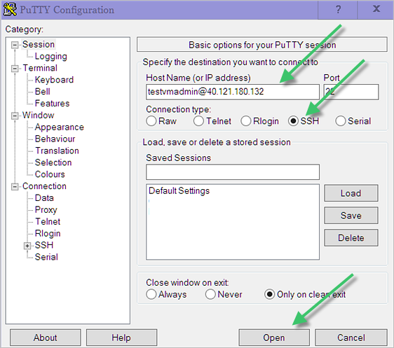 Screenshot, der das PuTTY-Konfigurationsfenster mit eingegebenen Werten und grünen Pfeilen zeigt, die auf das Feld „Hostname“, die SSH-Schaltfläche und die Schaltfläche „Öffnen“ zeigen.