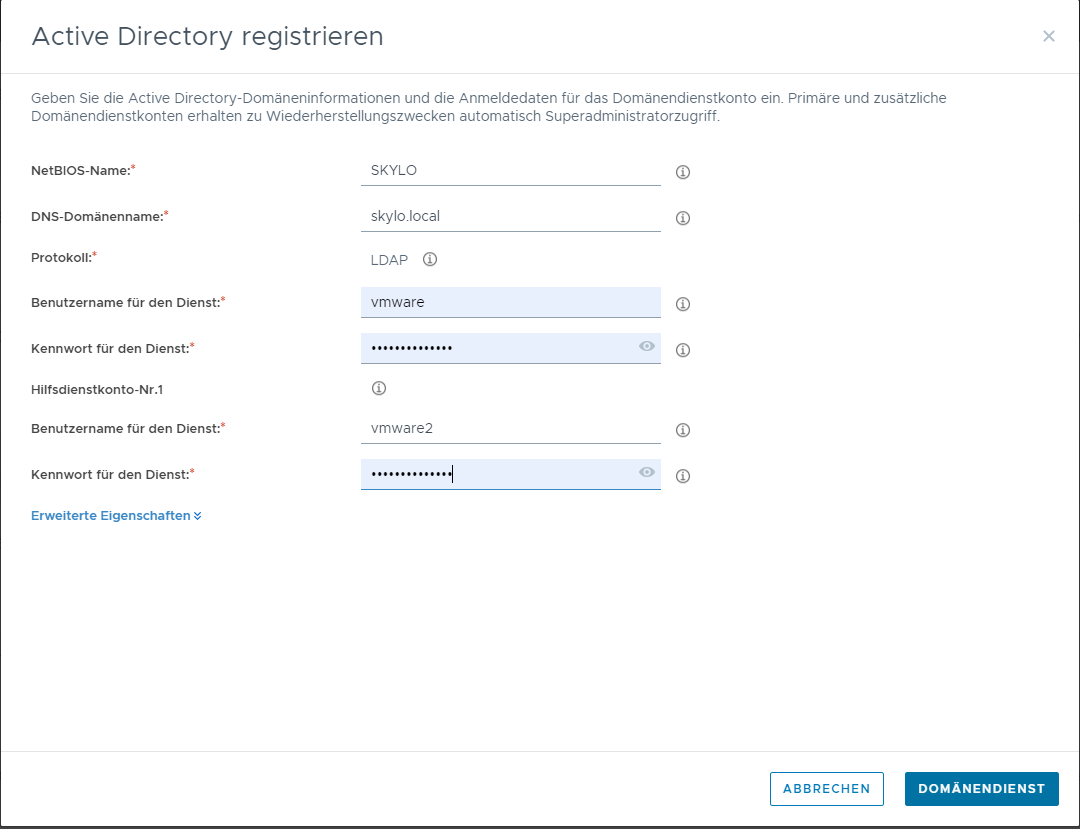 Screenshot des Fensters „Active Directory-Domäne registrieren“ mit den Feldern, die mit unseren PoC-Werten ausgefüllt sind.