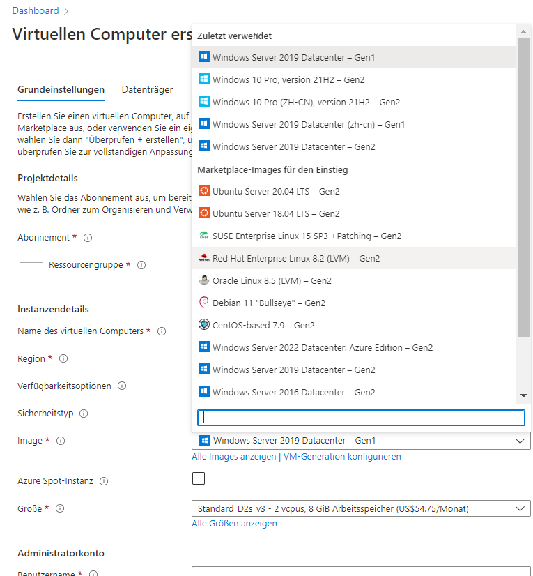 Screenshot der Windows Server-Auswahl, nachdem Sie im Bereich „Image auswählen“ auf die Kachel „Windows Server“ geklickt haben.