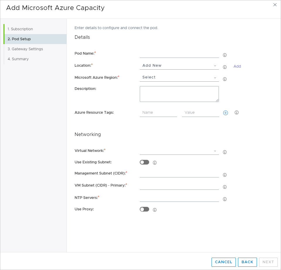 Horizon Cloud on Microsoft Azure: Schritt 2 des Pod-Bereitstellungsassistenten, bevor Sie eine Auswahl treffen oder Informationen eingeben.