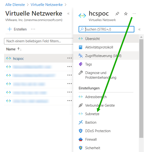 Screenshot des VNet im Azure-Portal und der grüne Pfeil, der auf das Menü „Subnetze“ zeigt.