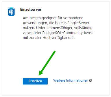 Ein Screenshot der Option „Einzelserver“ zu Beginn des Assistenten zur Erstellung des Azure-Datenbank für PostgreSQL-Servers