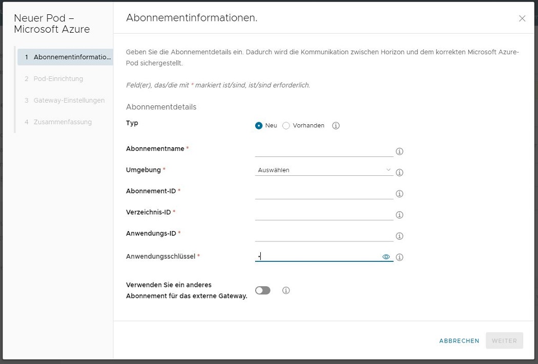 Horizon Cloud on Microsoft Azure: Screenshot des ersten Schritts des Assistenten zum Hinzufügen von Cloudkapazität