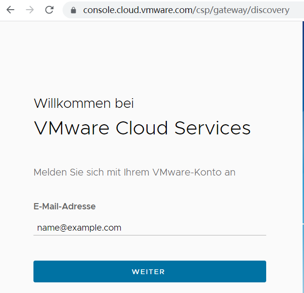 Screenshot des Anmeldebildschirms von VMware Cloud Services bei der ersten Anmeldung.
