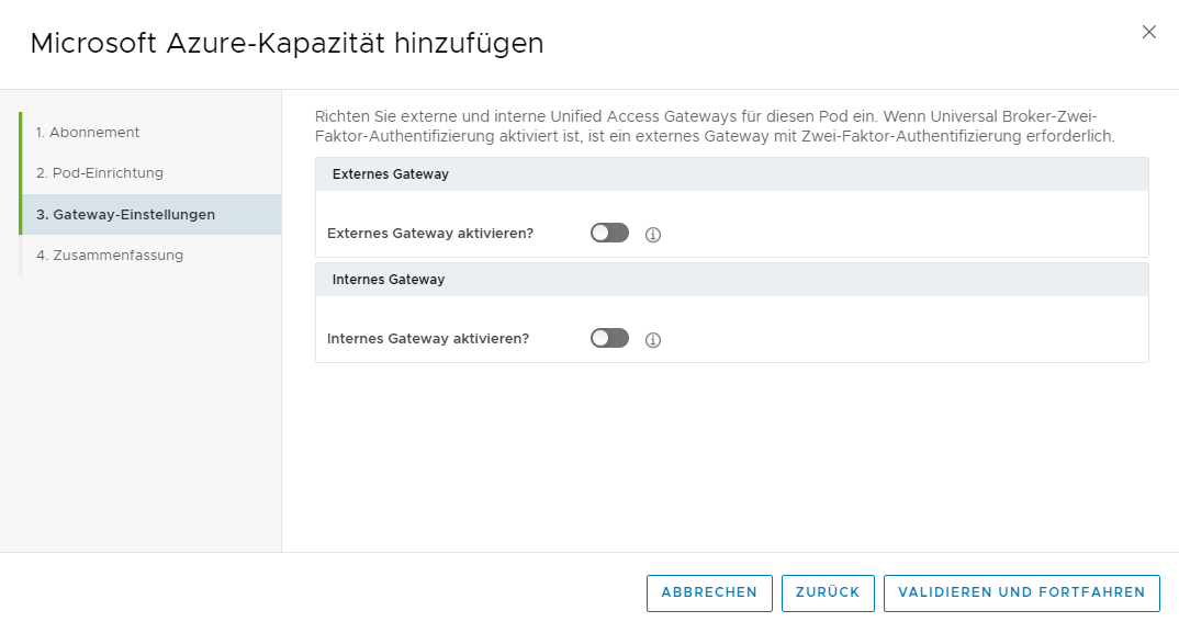 Screenshot des Schritts „Gateway-Einstellungen“ des Assistenten, wobei die Option deaktiviert ist.