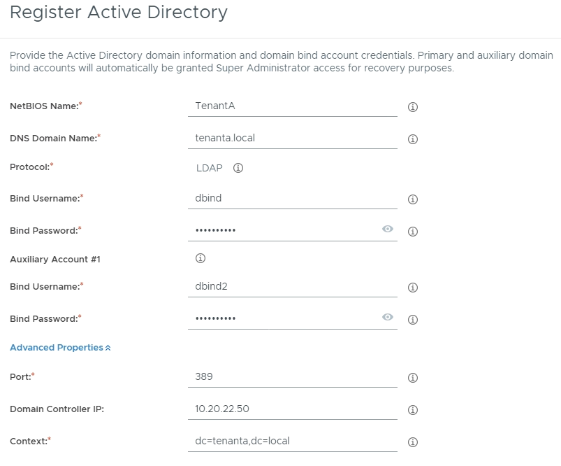 Dialogfeld für die Registrierung von Active Directory