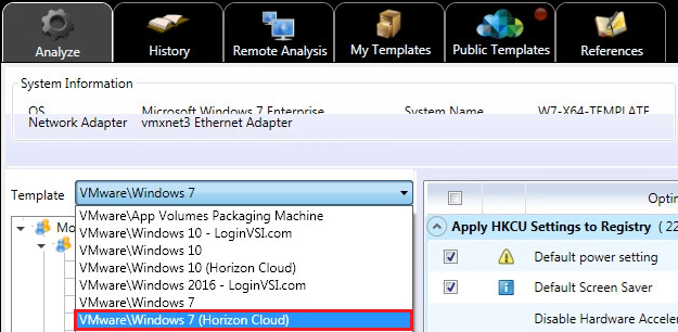 Registerkarte „Analysieren“ des VMware-Betriebssystem-Optimierungstools