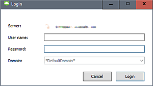 Screenshot des Anmeldebildschirms der Version 5.0 des Horizon Clients für Windows mit der Option „Ja“ für „Nur Standarddomäne anzeigen“ und der Option „Nein“ für Domänenfeld ausblenden